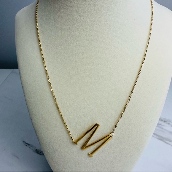 Gold Plated Stainless Steel No Tarnish M Initial Necklace - Picture 6 of 9
